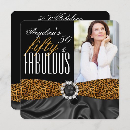 素晴らしい50レオパード黒絹の誕生日パーティー 招待状 (正面/裏面)