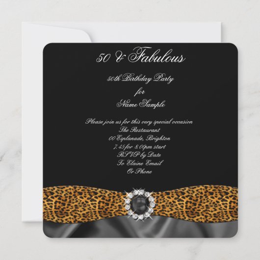 素晴らしい50レオパード黒絹の誕生日パーティー 招待状 (裏面)