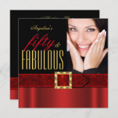 素晴らしい50レガルレッド金ゴールドブラックフォト誕生日 招待状 (正面/裏面)
