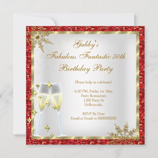 素晴らしい50レッドグリッター金ゴールド誕生日パーティー 招待状 (裏面)