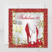 素晴らしい50レッドグリッター金ゴールド誕生日パーティー 招待状 (正面)