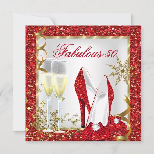 素晴らしい50レッドグリッター金ゴールド誕生日パーティー 招待状 (正面)
