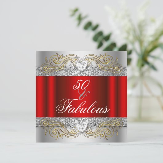 素晴らしい50レッドシルバー金ゴールド50th誕生日パーティー 招待状 (スタンド正面)