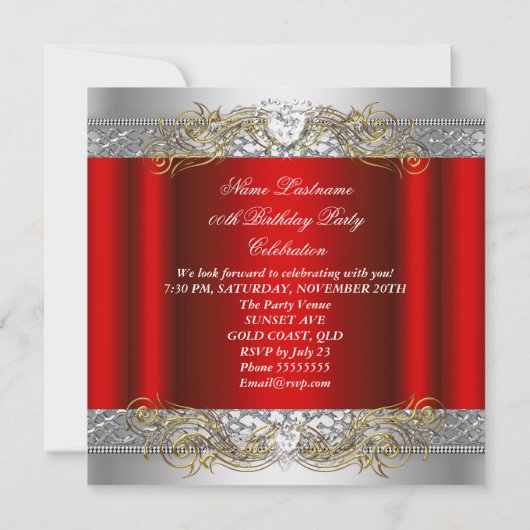 素晴らしい50レッドシルバー金ゴールド50th誕生日パーティー 招待状 (裏面)