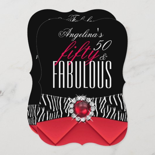 素晴らしい50レッドゼブラ白黒誕生日パーティー2 招待状 (正面/裏面)