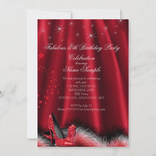 素晴らしい50レッドハイヒールブラックシルバー誕生日3 招待状 (裏面)