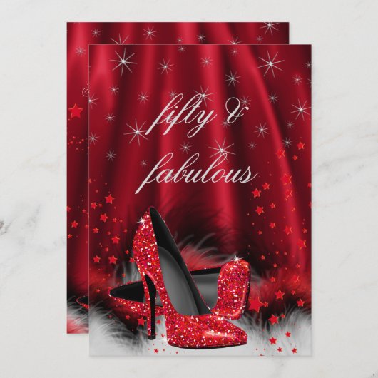 素晴らしい50レッドハイヒールブラックシルバー誕生日3 招待状 (正面/裏面)