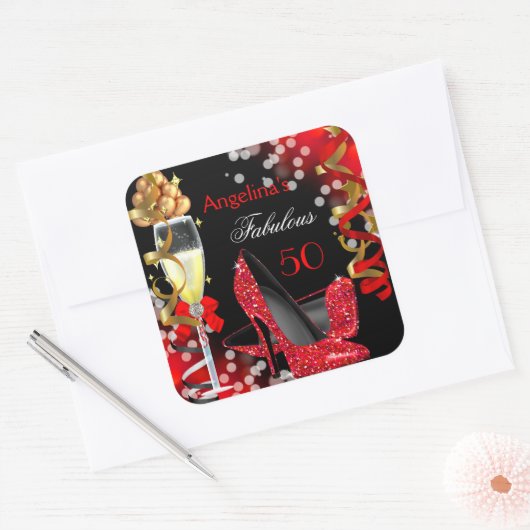 素晴らしい50レッドヒール金ゴールドバブル誕生日パーティー スクエアシール (封筒)