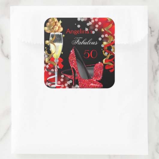 素晴らしい50レッドヒール金ゴールドバブル誕生日パーティー スクエアシール (バッグ)