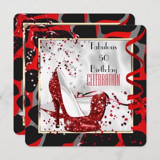 素晴らしい50レッド白黒ワイルドバースデーパーティー 招待状 (正面/裏面)