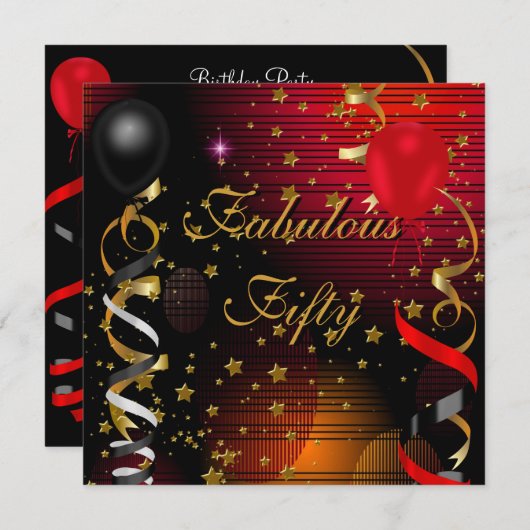素晴らしい50五十歳の誕生日パーティーブラックレッドスターズ2 招待状 (正面/裏面)