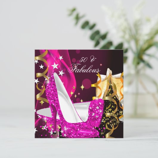 素晴らしい50女性のホットピンク金ゴールド誕生日パーティー 招待状 (スタンド正面)