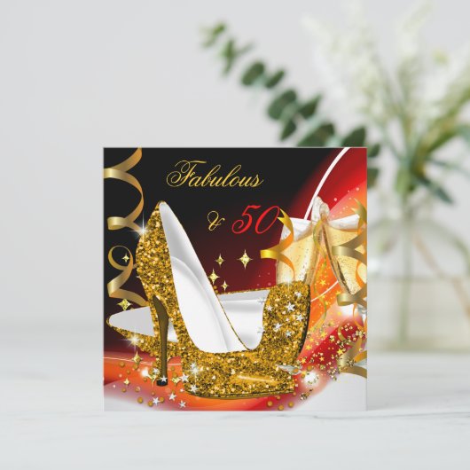 素晴らしい50女性の赤い金ゴールド誕生日パーティー 招待状 (スタンド正面)