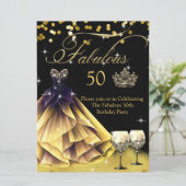素晴らしい50歳の誕生日ブラックゴールドドレスの王冠 招待状 (スタンド正面)