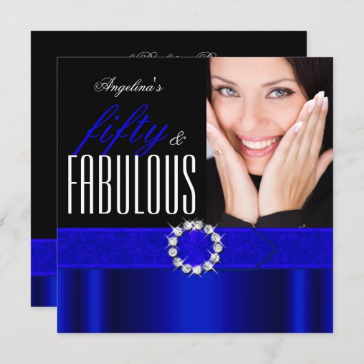 素晴らしい50王室のブルーブラックフォトバースデーパーティー 招待状 (正面/裏面)