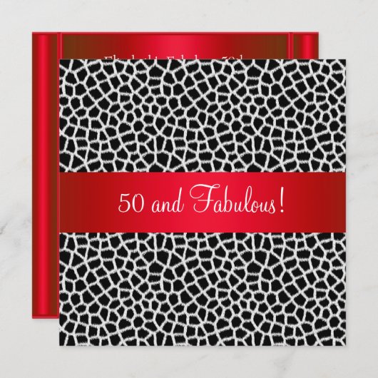 素晴らしい50番目のアニマルプリント白黒レッドパーティー 招待状 (正面/裏面)