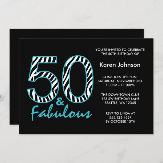素晴らしい50番目のブラックアンドティール（緑がかった色）ゼブラ誕生日 招待状 (正面/裏面)