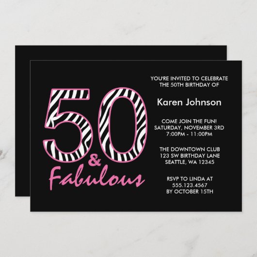 素晴らしい50番目のブラックアンドピンクゼブラ誕生日 招待状 (正面/裏面)