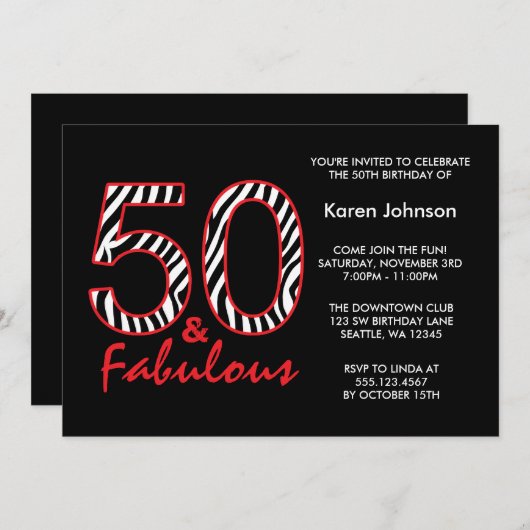 素晴らしい50番目の黒と赤のゼブラ誕生日 招待状 (正面/裏面)