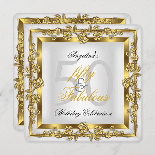 素晴らしい50白いフローラ金ゴールド誕生日パーティー 招待状 (正面/裏面)