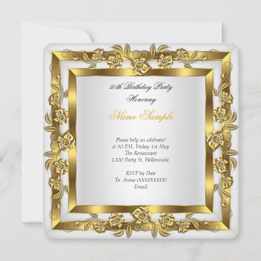 素晴らしい50白いフローラ金ゴールド誕生日パーティー 招待状 (裏面)