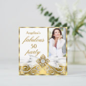 素晴らしい50白金ゴールドフェイクダイヤモンド写真誕生日 招待状 (スタンド正面)