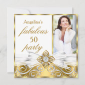 素晴らしい50白金ゴールドフェイクダイヤモンド写真誕生日 招待状 (正面)