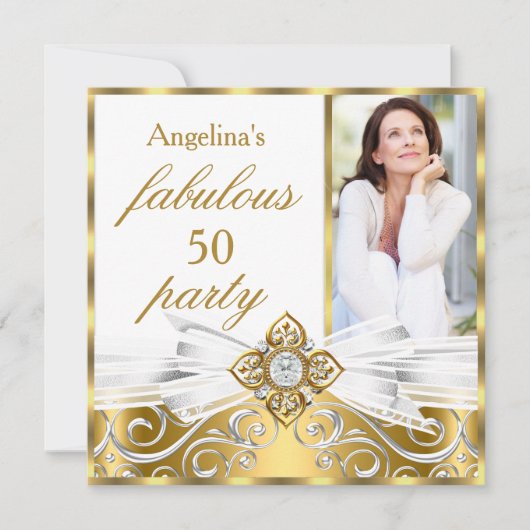 素晴らしい50白金ゴールドフェイクダイヤモンド写真誕生日 招待状 (正面)
