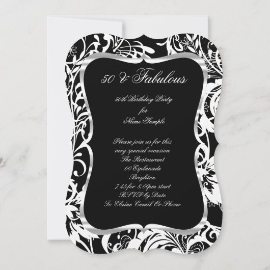 素晴らしい50白黒フローラエレガントパーティー 招待状 (裏面)