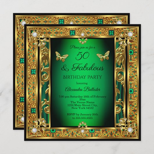 素晴らしい50誕生日エメラルドグリーンバタフライ金ゴールド 招待状 (正面/裏面)