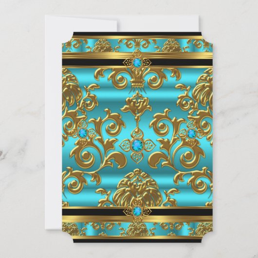 素晴らしい50誕生日ティール（緑がかった色）ブルージュエルダマスク金ゴールド 招待状 (裏面)
