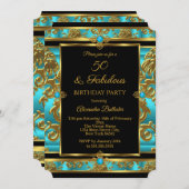 素晴らしい50誕生日ティール（緑がかった色）ブルージュエルダマスク金ゴールド 招待状 (正面/裏面)