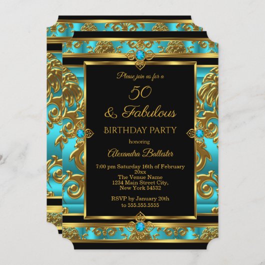 素晴らしい50誕生日ティール（緑がかった色）ブルージュエルダマスク金ゴールド 招待状 (正面/裏面)