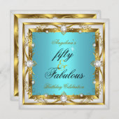 素晴らしい50誕生日パーティーティール(緑がかった色)ホワイトパール金ゴールド 招待状 (正面/裏面)
