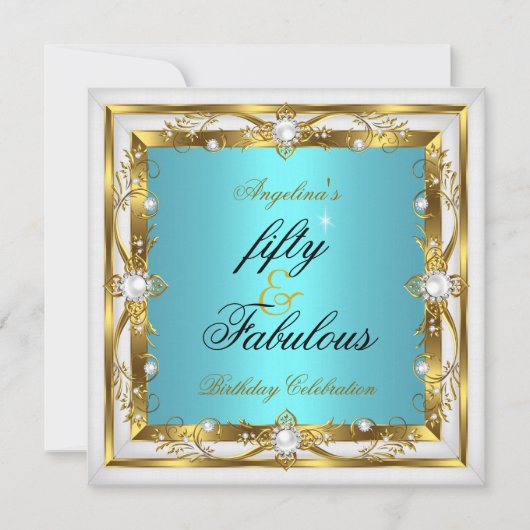 素晴らしい50誕生日パーティーティール(緑がかった色)ホワイトパール金ゴールド 招待状 (正面)