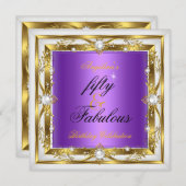 素晴らしい50誕生日パーティーパープルホワイトパール金ゴールド 招待状 (正面/裏面)