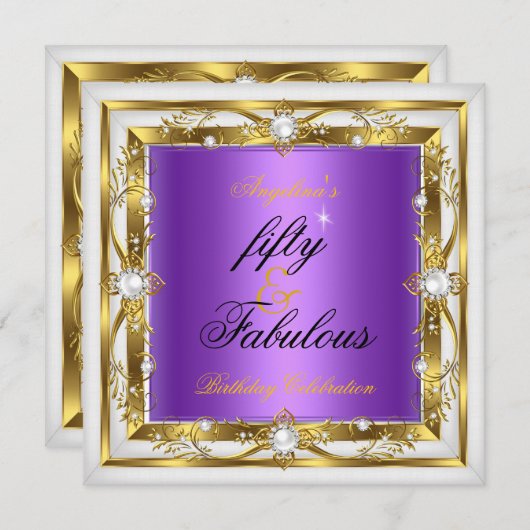 素晴らしい50誕生日パーティーパープルホワイトパール金ゴールド 招待状 (正面/裏面)