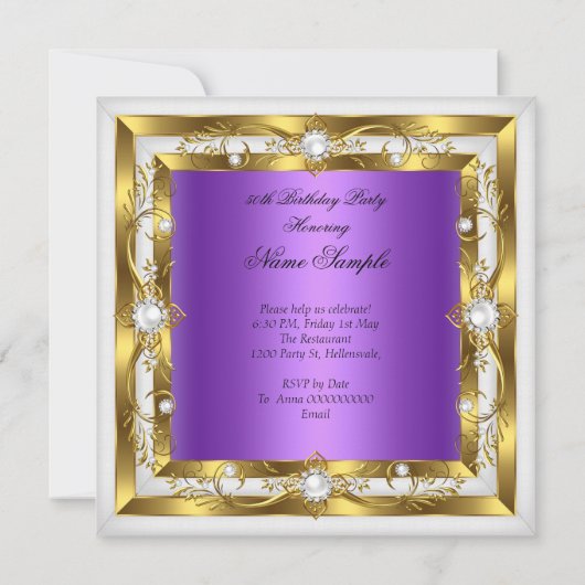 素晴らしい50誕生日パーティーパープルホワイトパール金ゴールド 招待状 (裏面)