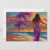 素晴らしい50誕生日パープルビーチ海金ゴールド 招待状 (正面)