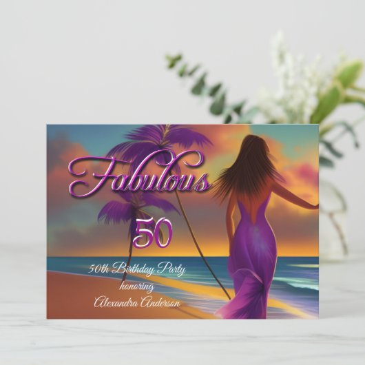 素晴らしい50誕生日パープルビーチ海金ゴールド 招待状 (スタンド正面)
