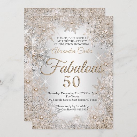 素晴らしい50誕生日フォトシルバーベージュスノーフレーク 招待状 (正面/裏面)