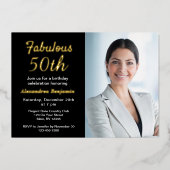 素晴らしい50誕生日フォトブラック金ゴールド 箔招待状 (正面)