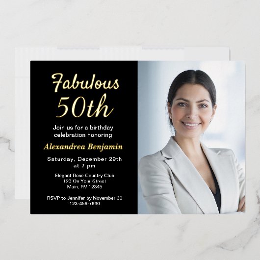 素晴らしい50誕生日フォトブラック金ゴールド 箔招待状 (封筒)