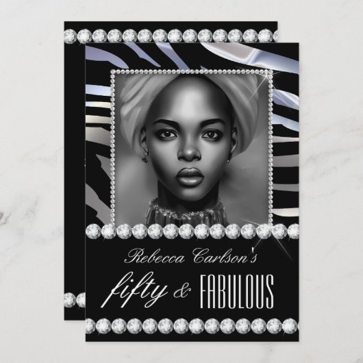 素晴らしい50誕生日フォト白黒ゼブラジェム 招待状 (正面/裏面)