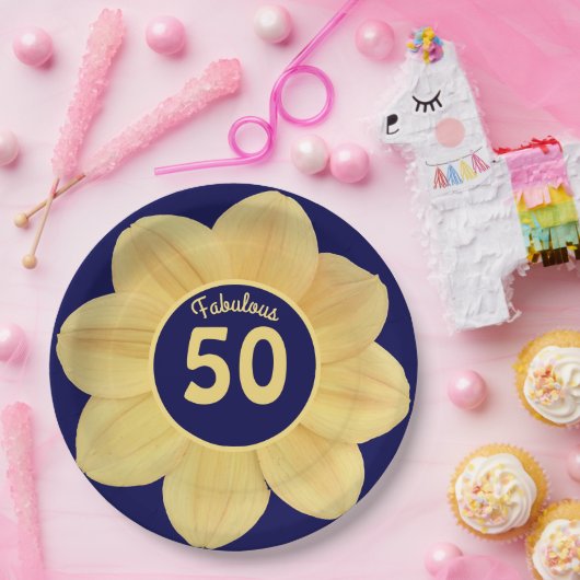 素晴らしい50誕生日ブルーとイエローフローラ ペーパープレート (パーティー)