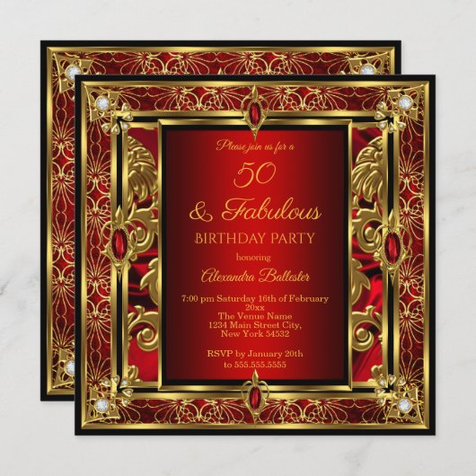 素晴らしい50誕生日レッドルビーダマスク金ゴールドダイヤモンド 招待状 (正面/裏面)
