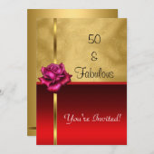 素晴らしい50誕生日金ゴールドレッドフラワー 招待状 (正面/裏面)