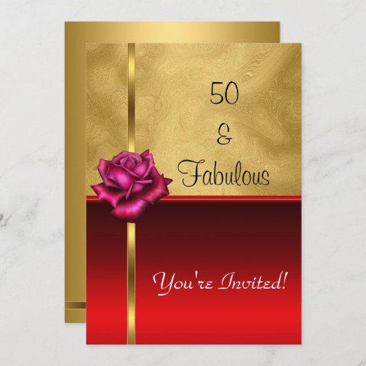素晴らしい50誕生日金ゴールドレッドフラワー 招待状 (正面/裏面)