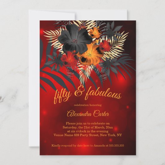 素晴らしい50赤いグローオレンジブラックハイビスカス 招待状 (正面)