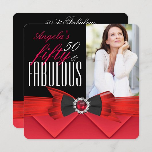 素晴らしい50赤い宝石の写真の誕生日パーティー 招待状 (正面/裏面)